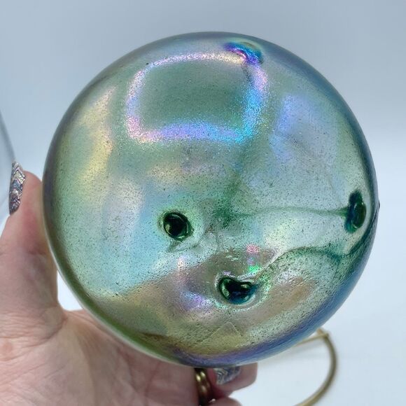 Art Glass Hand Blown Sphere Witch's Ball Iridescent Green w/ Display Stand - Picture 4 of 9
